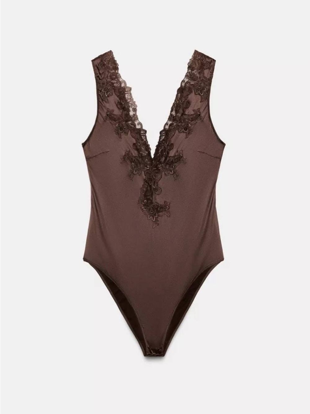 Zara Chocolate Brown Satin Lace-Trim Bodysuit - Picture 4 of 12
